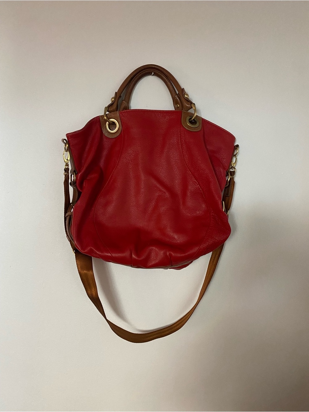 Fenn Wright Manson Red Leather Shoulder Bag with Brown Handles